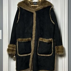 Dennis by Dennis Basso Vintage Black Brown Faux Shearling Hooded Button Up Coat
